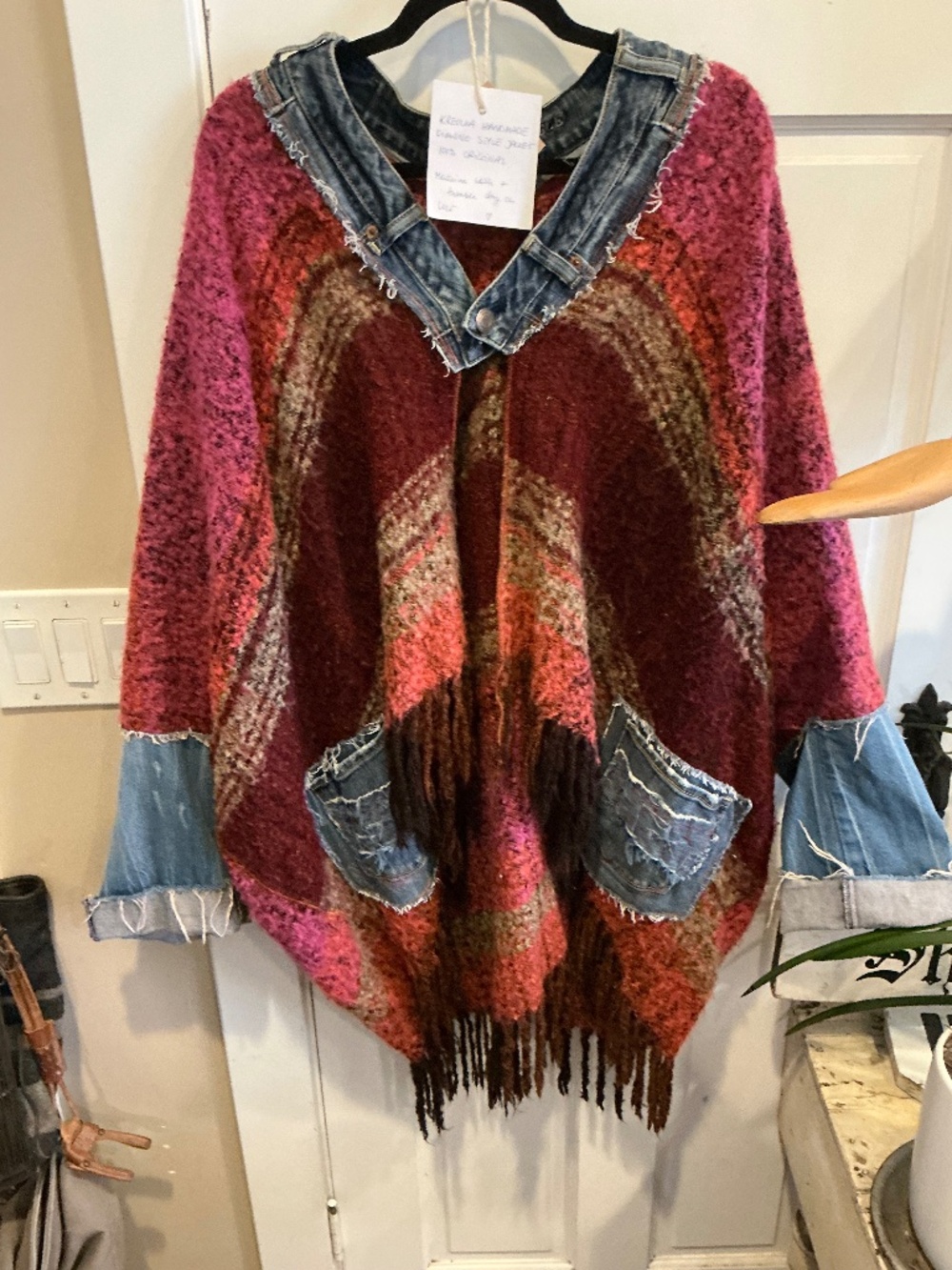 Kreolka artist  poncho  made from jeans and vintage sweater! One of a kind!
